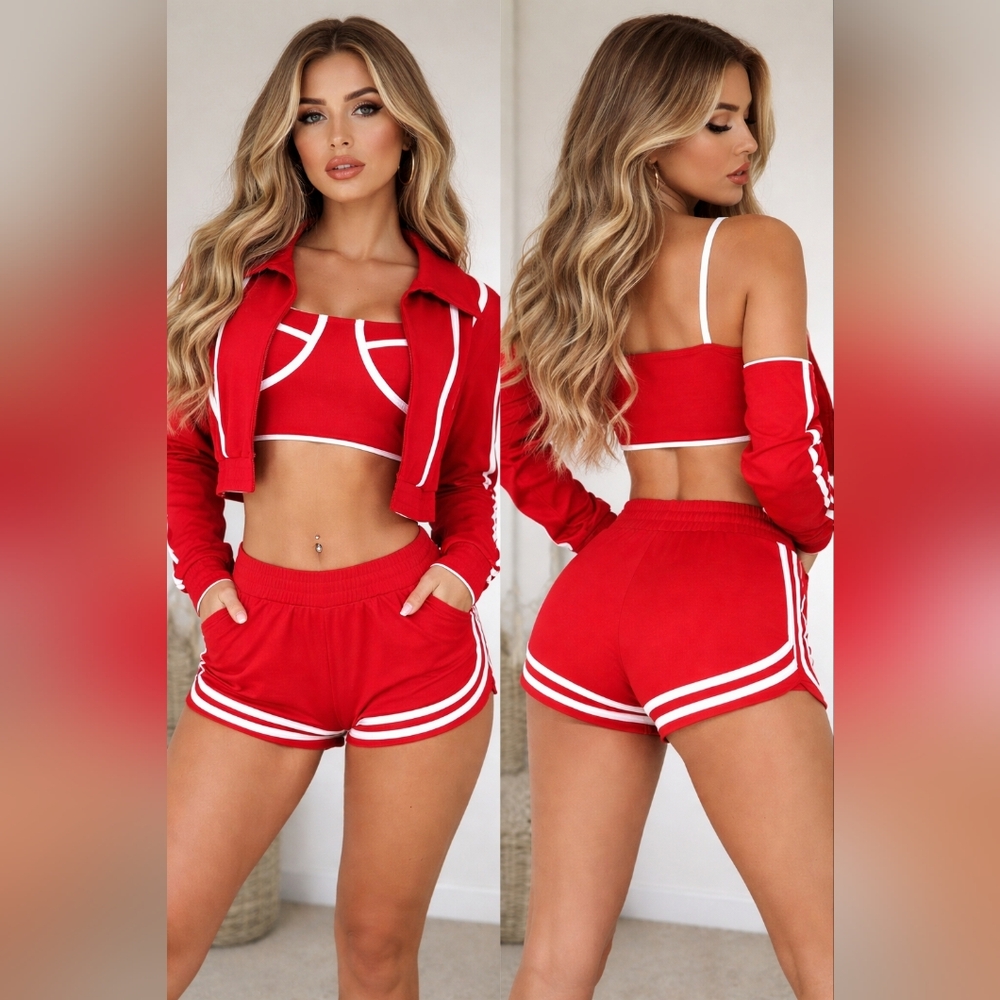 Red 3-Piece Crop Top & Shorts Set